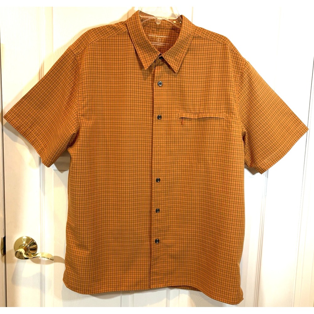 Eddie Bauer Sport Shirt Mens Large Dark Orange‎ Plaid Vented Outdoor Zip Pocket